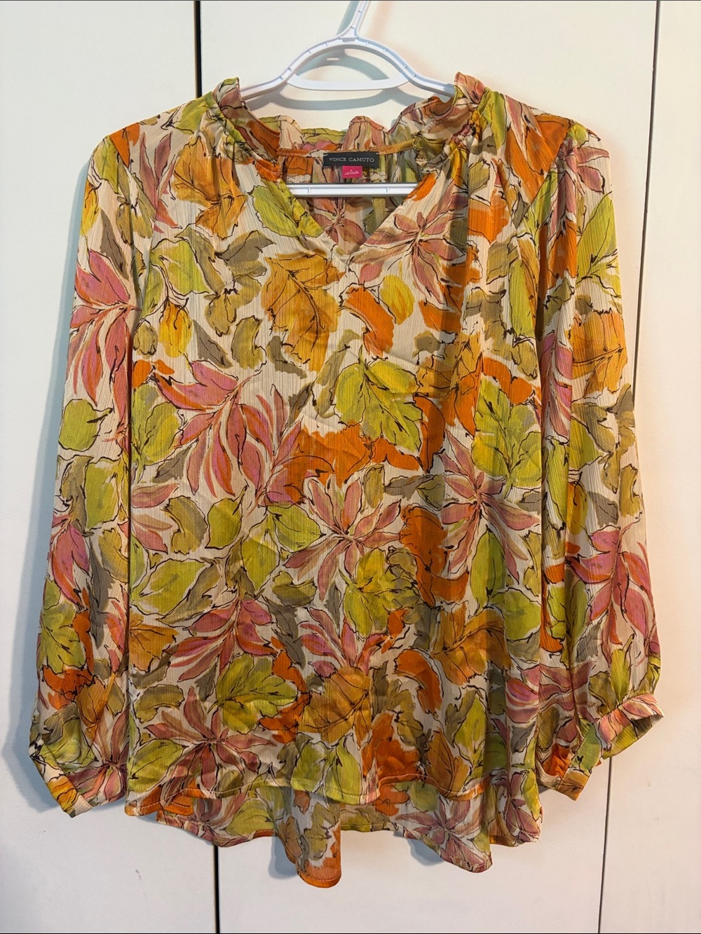Vince Camuto Leaf Print Long-Sleeve Blouse in Orange, Pink & Green